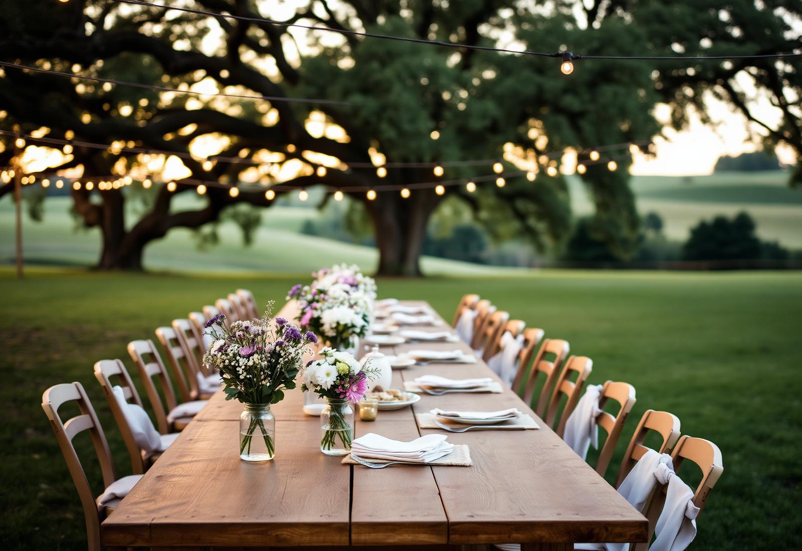 Long wooden table set for a family reunion dinner under string lights